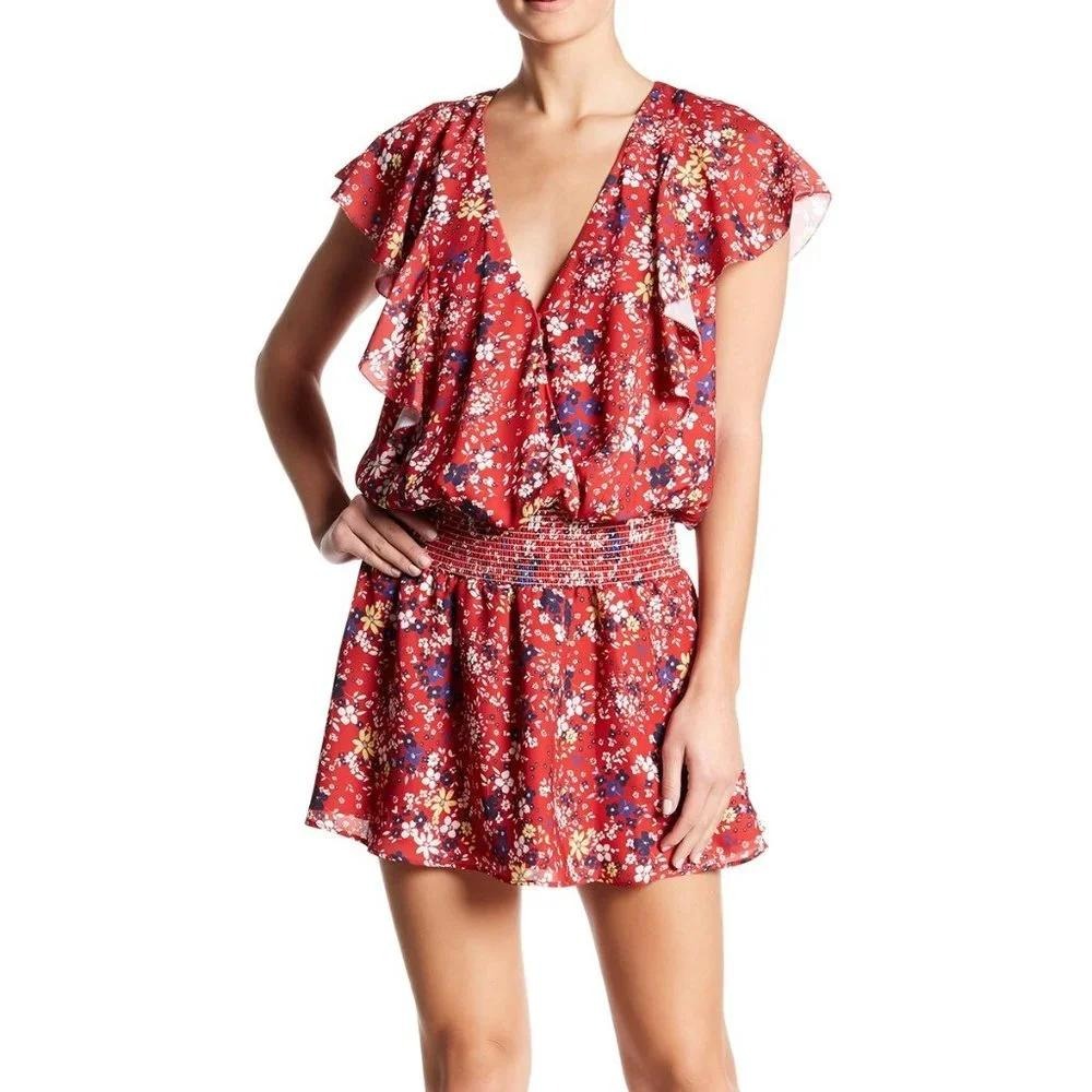 Parker Floral Ruffle Mini Dress Red Smocked Waist Flutter Sleeve Boho S ($398)